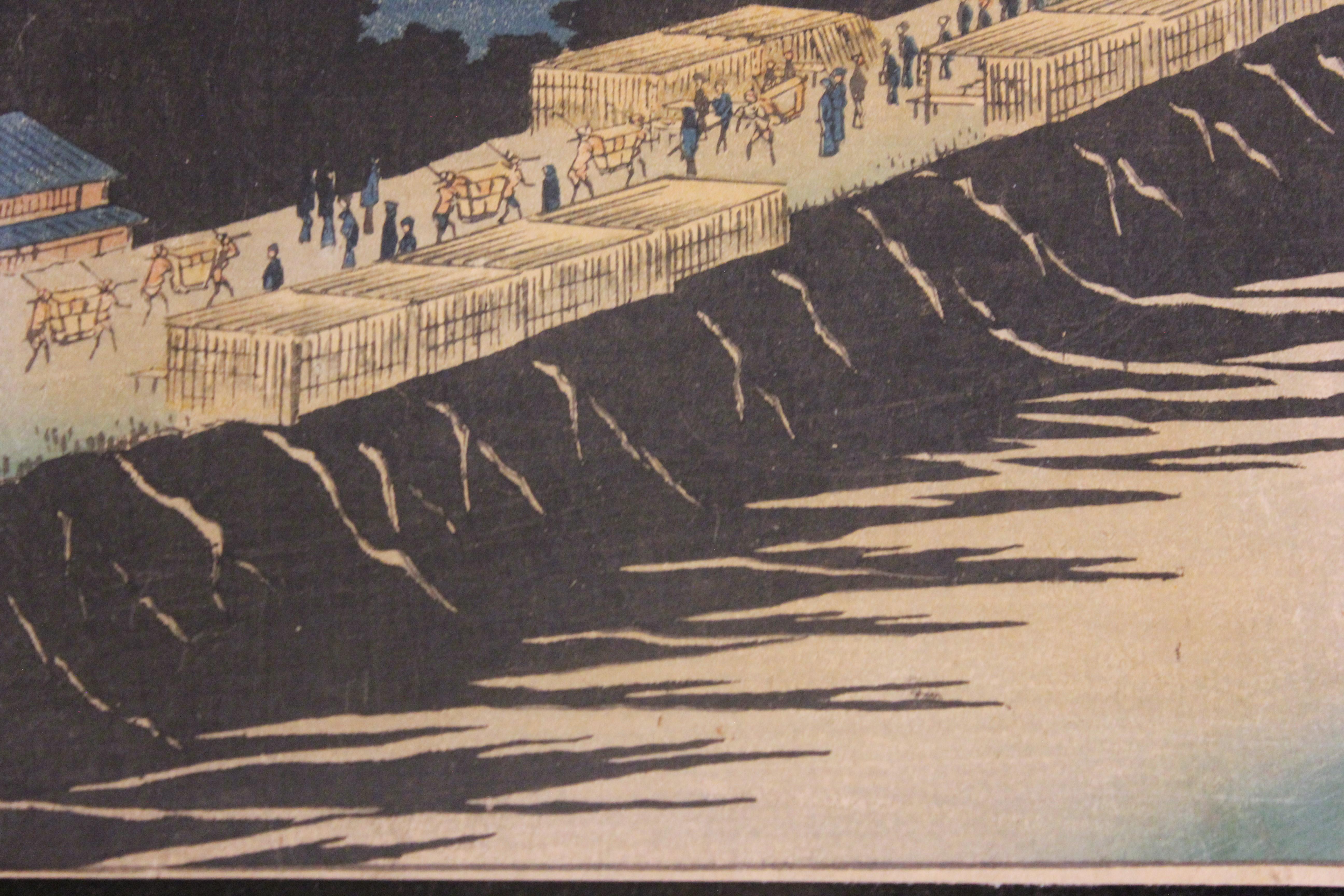 Nihon Embankment in Yoshiwara Japanese Woodblock Print - Beige Figurative Print by Utagawa Hiroshige (Ando Hiroshige)