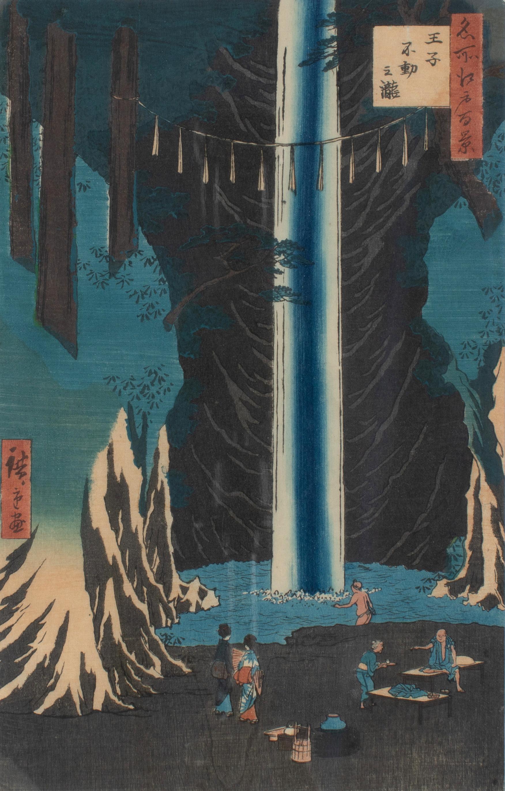 Utagawa Hiroshige (Ando Hiroshige) Landscape Print - Oji Fudo no taki (Fudo Falls, Oji)