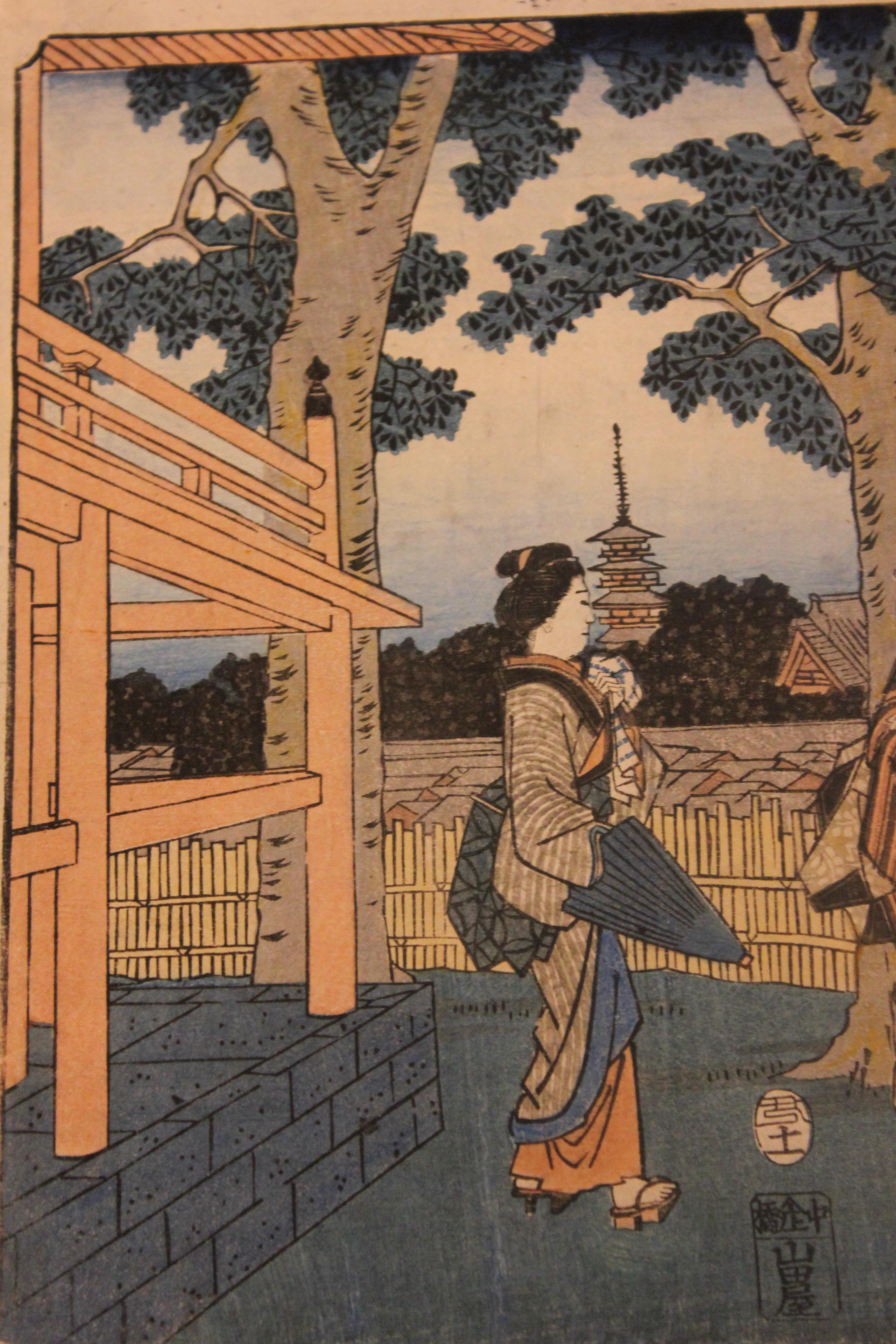 Saruwaka-machi District and Kinryûzan Temple Seen from Matsuchiyama - Brown Landscape Print by Utagawa Hiroshige (Ando Hiroshige)