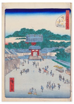 Antique The Temple Zojo-ji - Original Woodcut by Hiroshige Utagawa - Early 19th Century