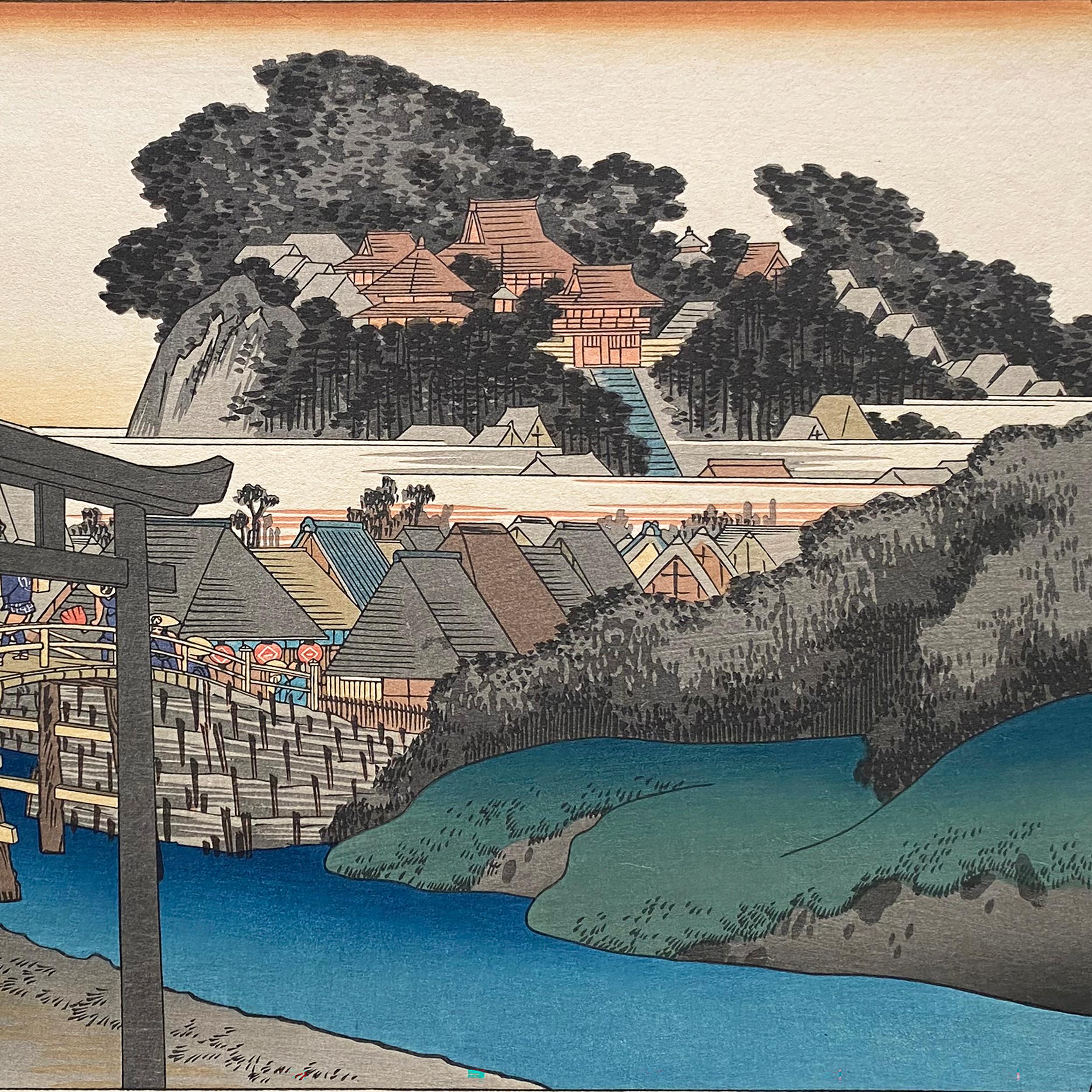 Eine Tusche auf Papier, Nishiki-e- und Yoko-e-Holzschnittlandschaft, die Reisende in Fujisawa in der Präfektur Kanagawa mit Blick auf den Yugyō-ji-Tempel zeigt, um 1850. Signiert in Kanji oben links 