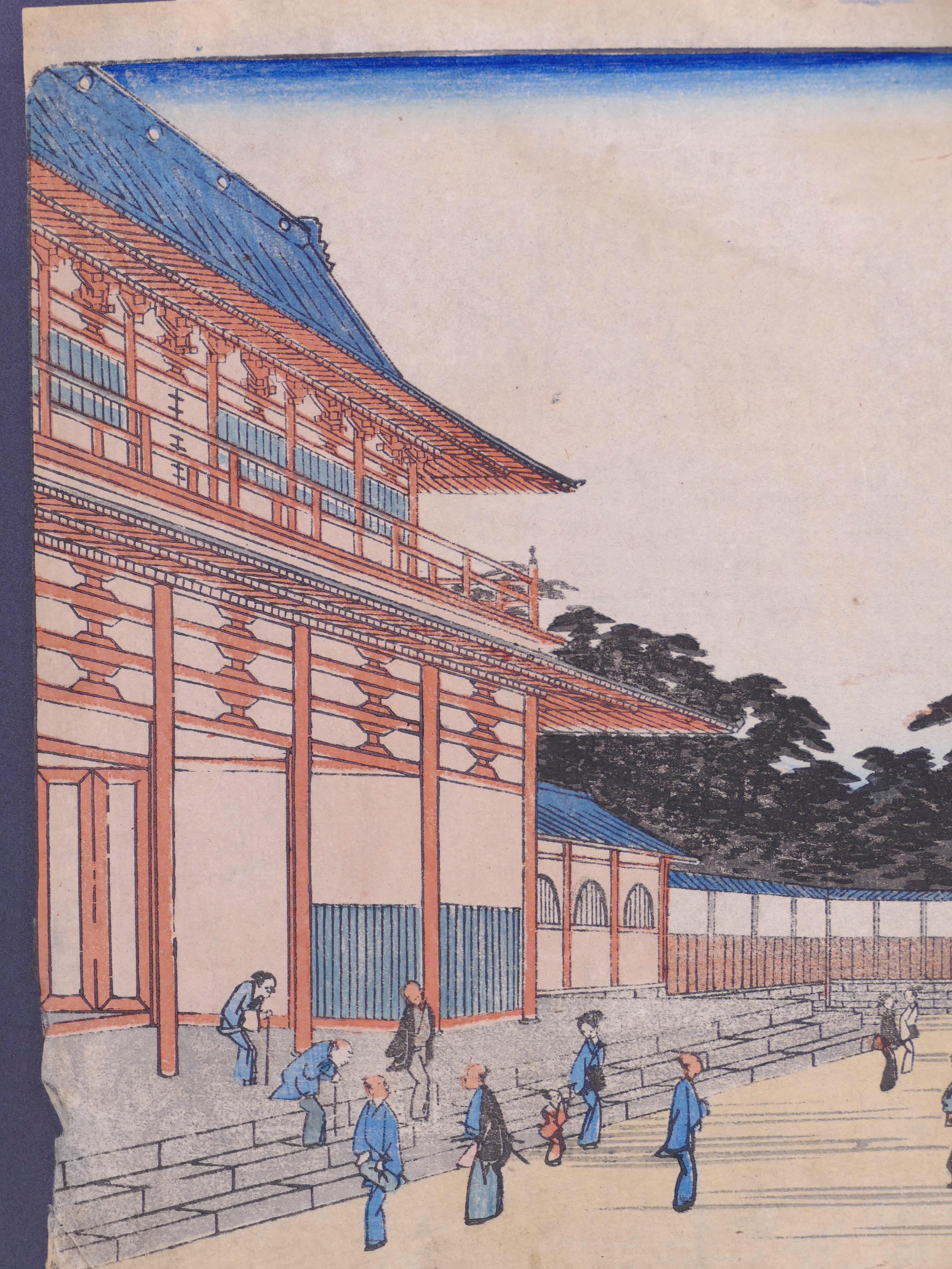 View of Zojo-ji Temple in Shiba - by Hiroshige Utagawa - 1850s - Brown Figurative Print by Utagawa Hiroshige (Ando Hiroshige)