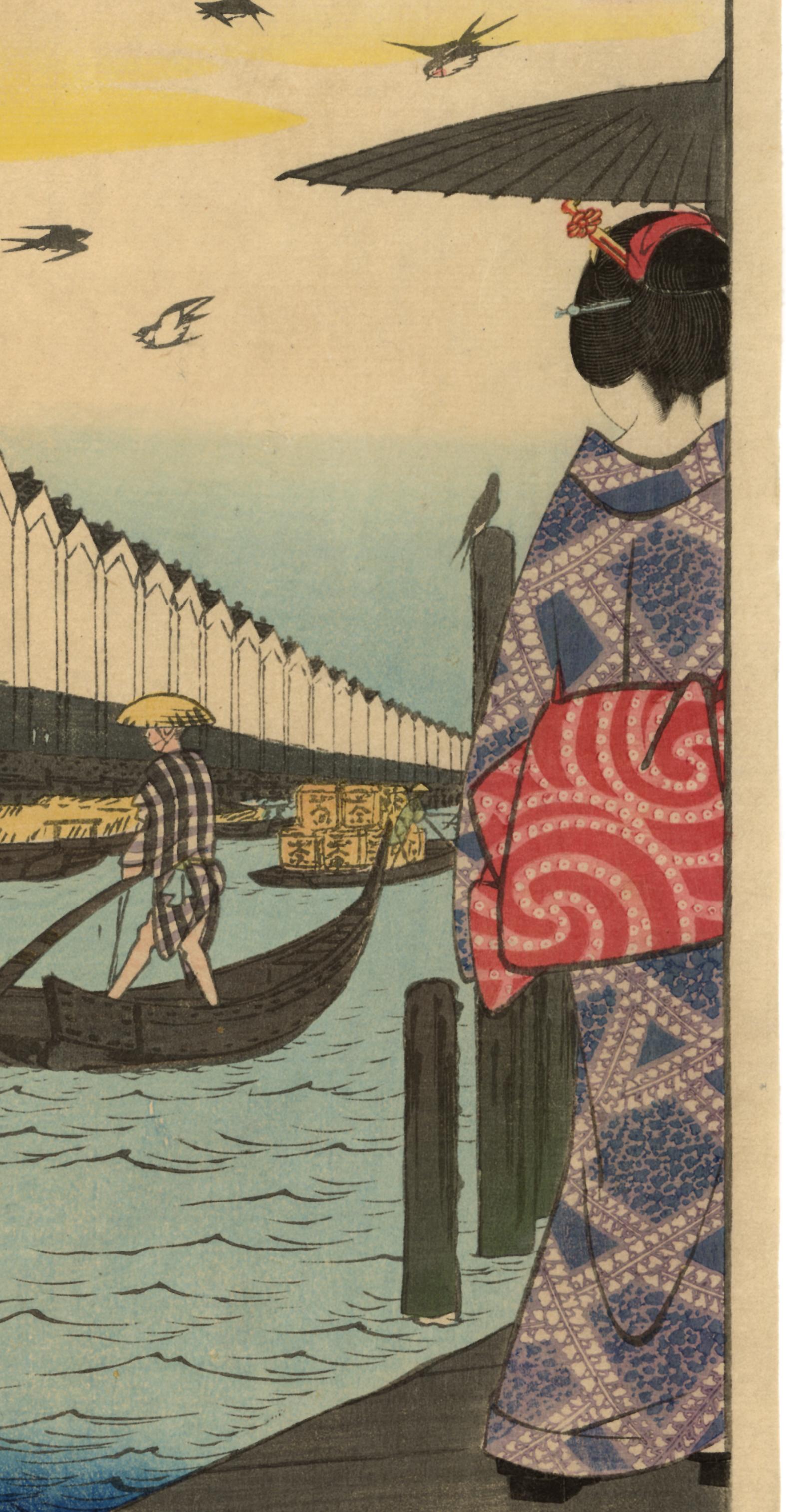 Yoroi Ferry from 100 Famous Views of Edo - Print by Utagawa Hiroshige (Ando Hiroshige)