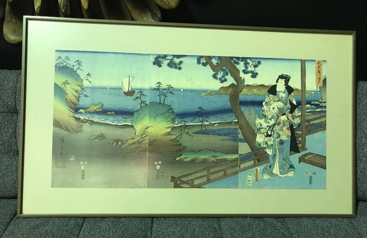 Ando Hiroshige & Tokoyuni Kunisada Prince Genji in Exile at Suma Oban Triptych For Sale 6