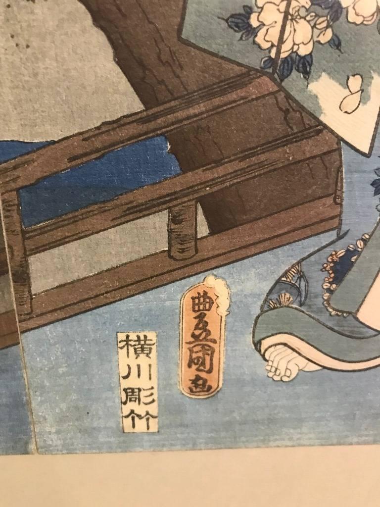 Mid-19th Century Ando Hiroshige & Tokoyuni Kunisada Prince Genji in Exile at Suma Oban Triptych For Sale