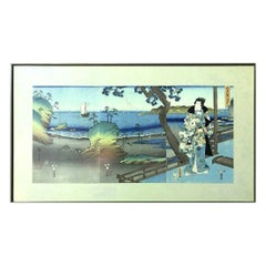 Ando Hiroshige & Tokoyuni Kunisada Prince Genji in Exile at Suma Oban Triptych