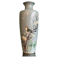 Ando Japanese Cloisonne Enamel Vase Bird Plum Blossoms Bamboo Silver Gray Ground
