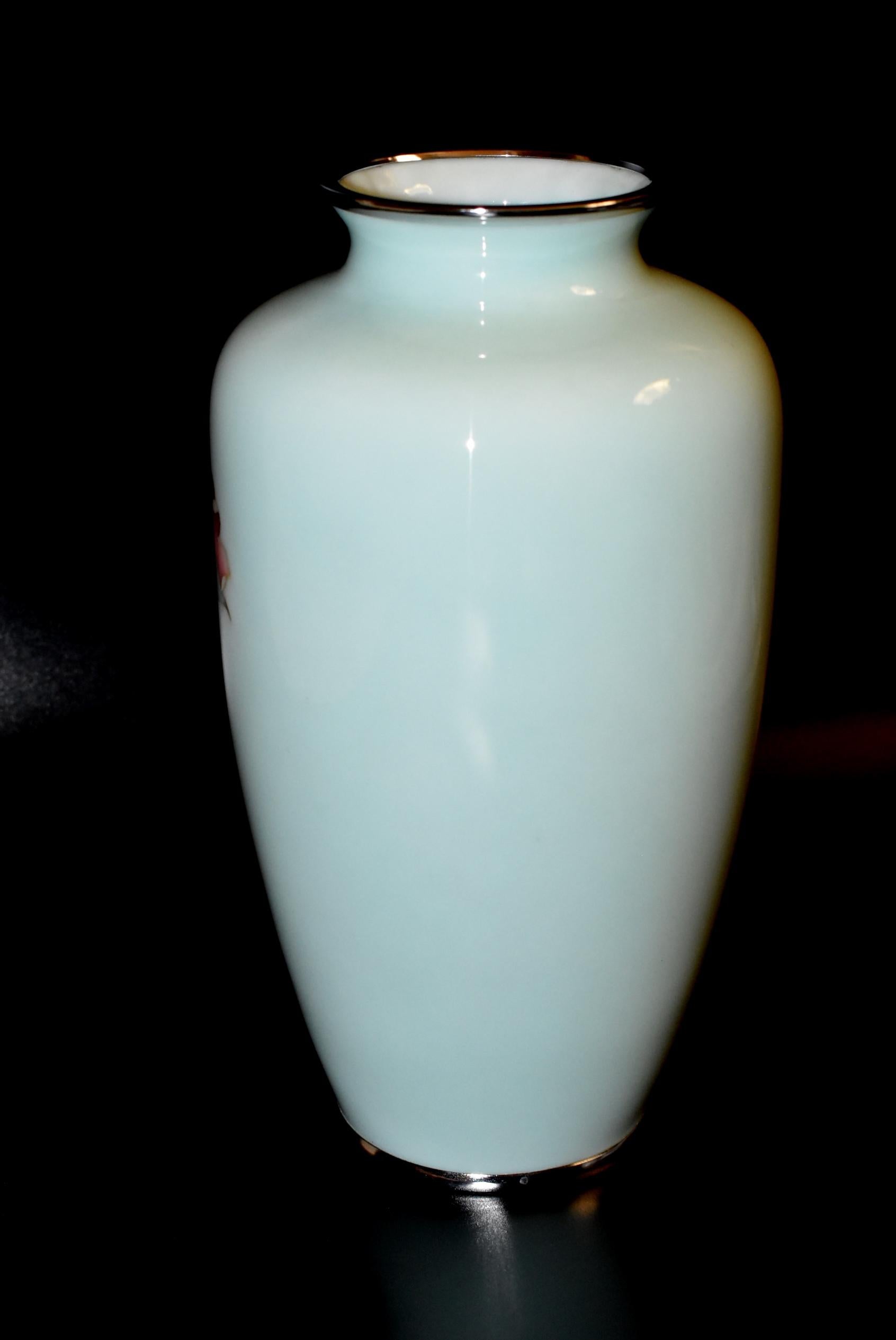 Ando Jubei Celadon Wireless Cloisonné Vase with Roses, Signed 6