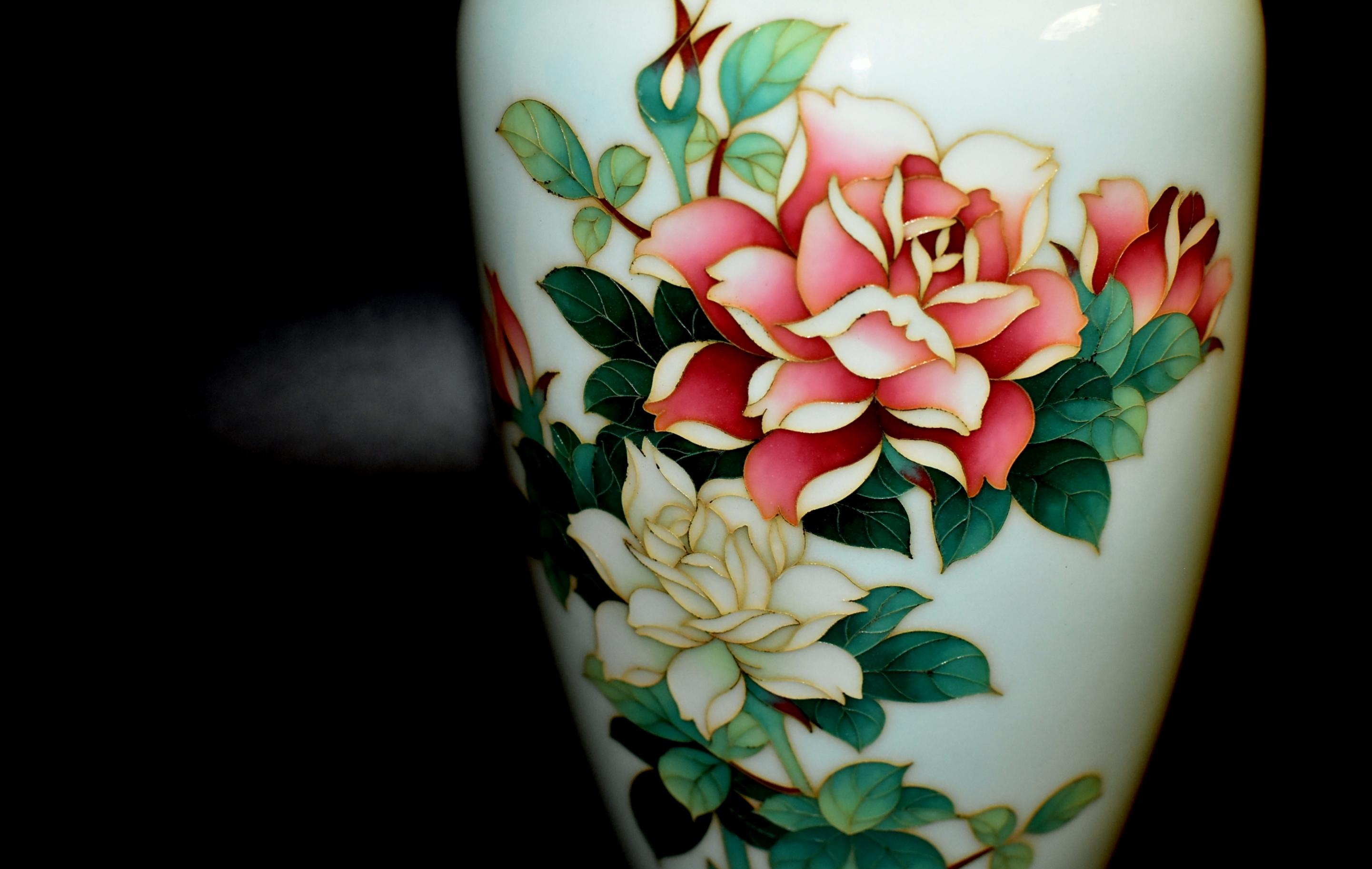 Cloissoné Ando Jubei Celadon Wireless Cloisonné Vase with Roses, Signed