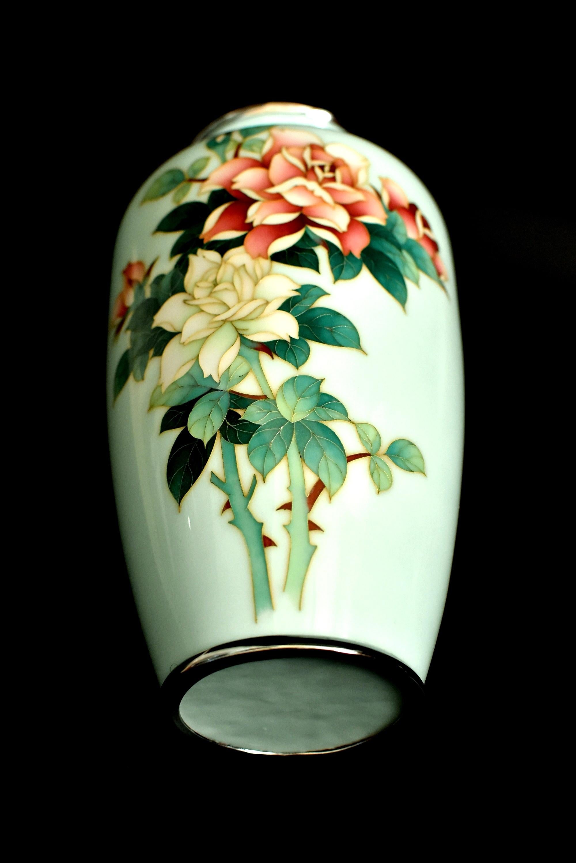 Enamel Ando Jubei Celadon Wireless Cloisonné Vase with Roses, Signed