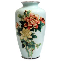 Ando Jubei Celadon Wireless Cloisonné Vase with Roses, Signed