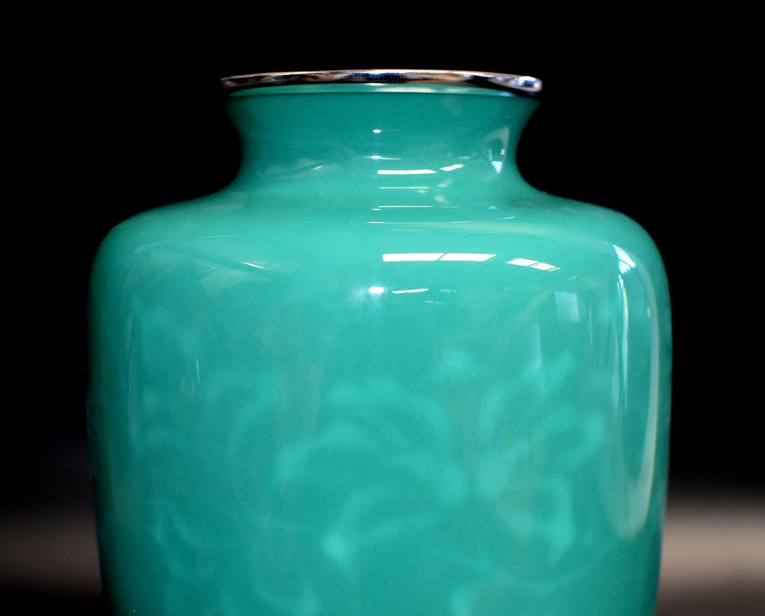 Ando Jubei Green Celadon Wireless Cloisonné Vase, Signed, Original Packaging 7