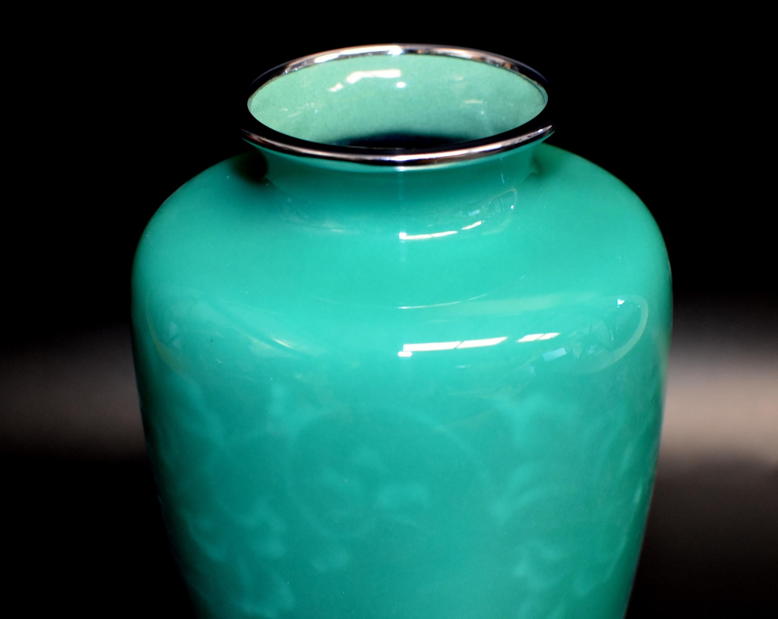 Meiji Ando Jubei Green Celadon Wireless Cloisonné Vase, Signed, Original Packaging