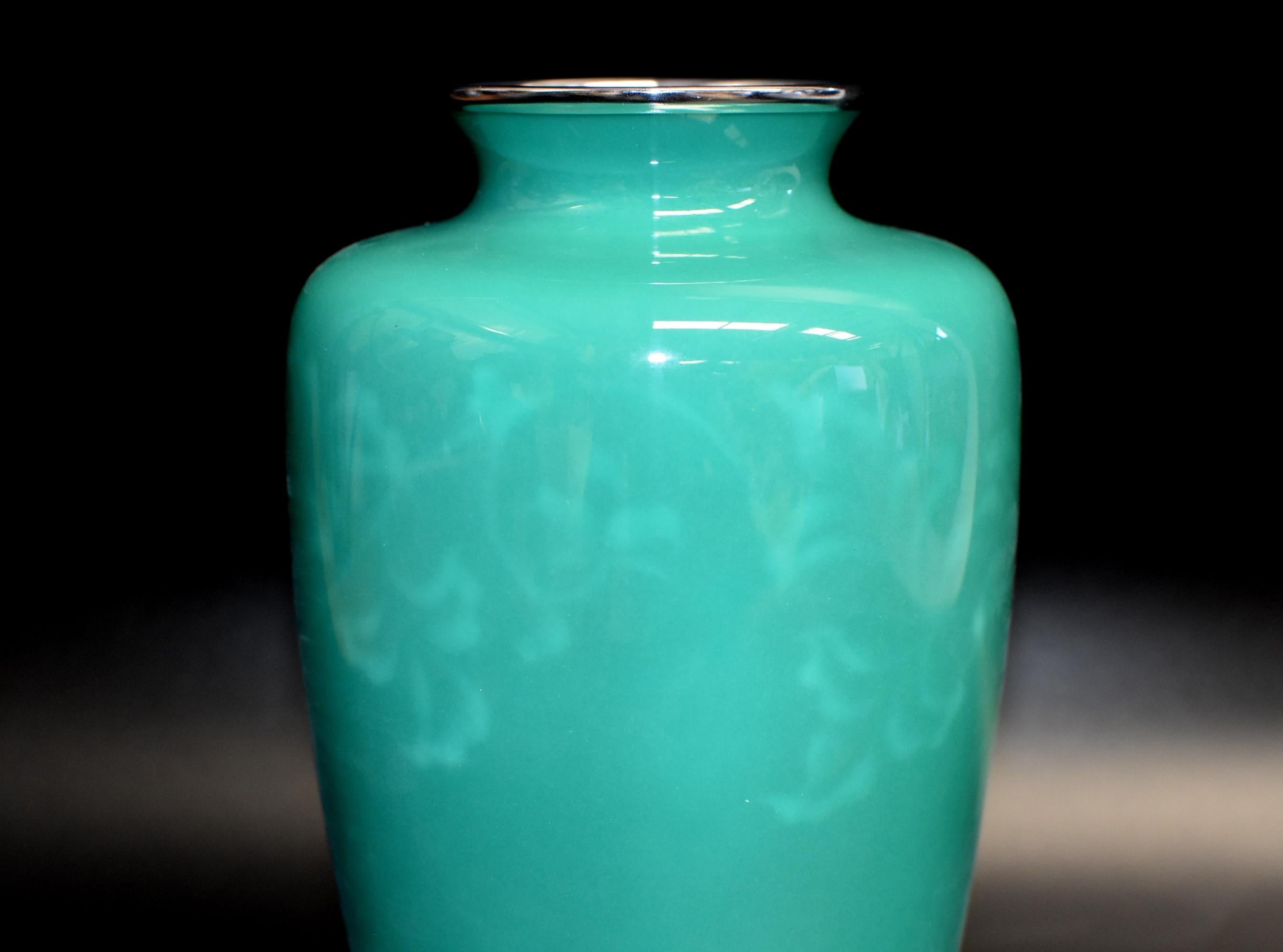 Japanese Ando Jubei Green Celadon Wireless Cloisonné Vase, Signed, Original Packaging