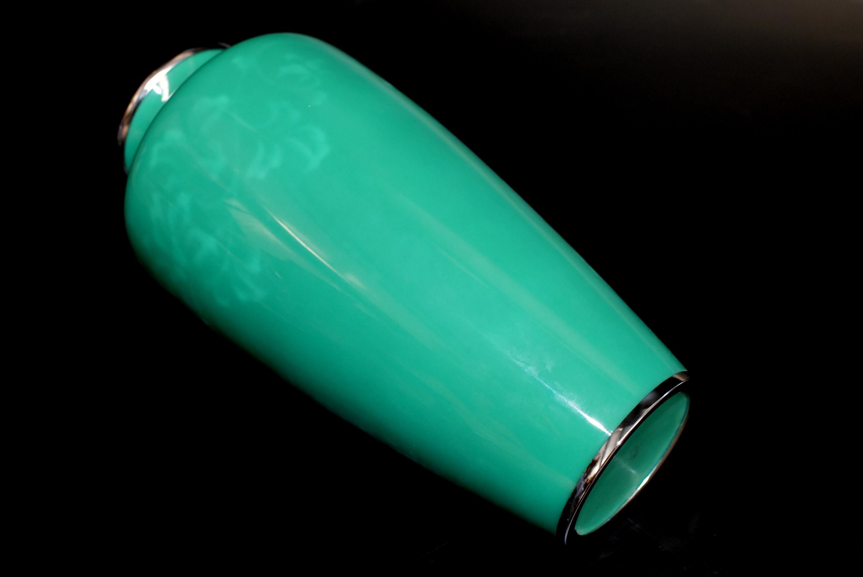 Metal Ando Jubei Green Celadon Wireless Cloisonné Vase, Signed, Original Packaging