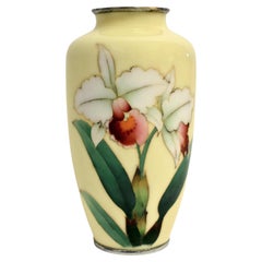 Ando Jubei Signed Japanese Cloisonné Vase Orchids 9" Yellow