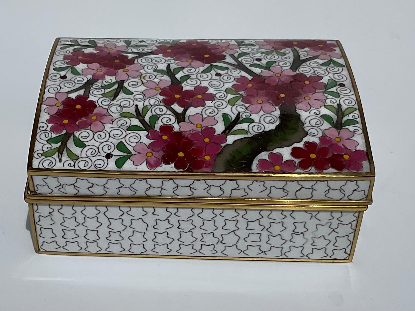 Ando Signed Japanese flowering tree box Cloisonne with amazing design In multi color with geometric detail.
