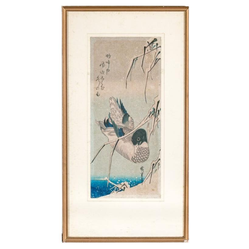 Mallard-Entenkäfig mit japanischem Holzschnitt von Ando Utagawa Hiroshige im Angebot