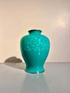 Ando Wireless Cloisonne Jade Green Silver Mounted Vase, Showa Era, 1930's, Japan