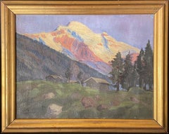 Sunset on the Swiss Alps, original oil on canvas, post-impressionist landscape