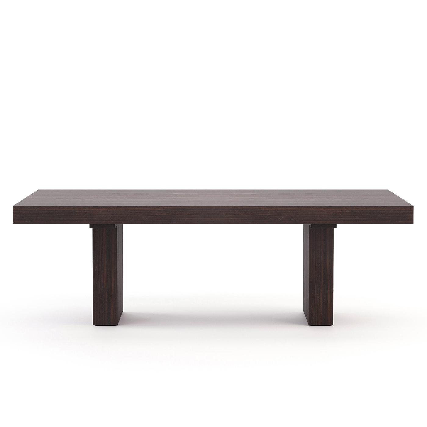Dining table Andora with all structure in 
eucalyptus wood veneer in smocked matte finish. 
Measures: L 240 x D 120 x H 78cm, price: 5490,00€
Also available in ebony glossy, or in grey eucalyptus glossy
or matte, or in old-aged oak matte, or in