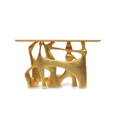 Andore Console Table in Gold Finish with Walnut Top