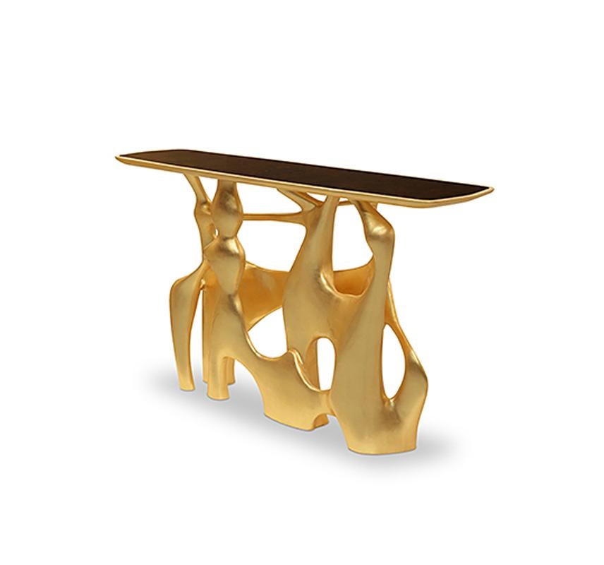 Portugais Table console Andore en finition dorée avec plateau en noyer en vente