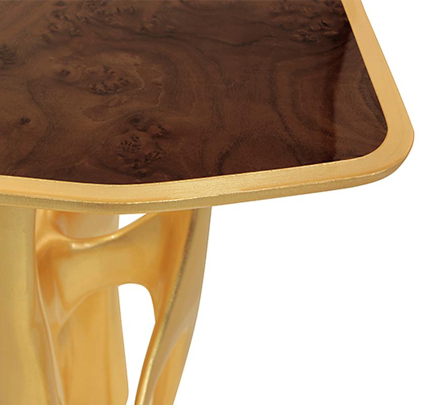 Table console Andore en finition dorée avec plateau en noyer Excellent état - En vente à Paris, FR