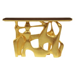 Andore Console Table in Gold Finish with Walnut Top