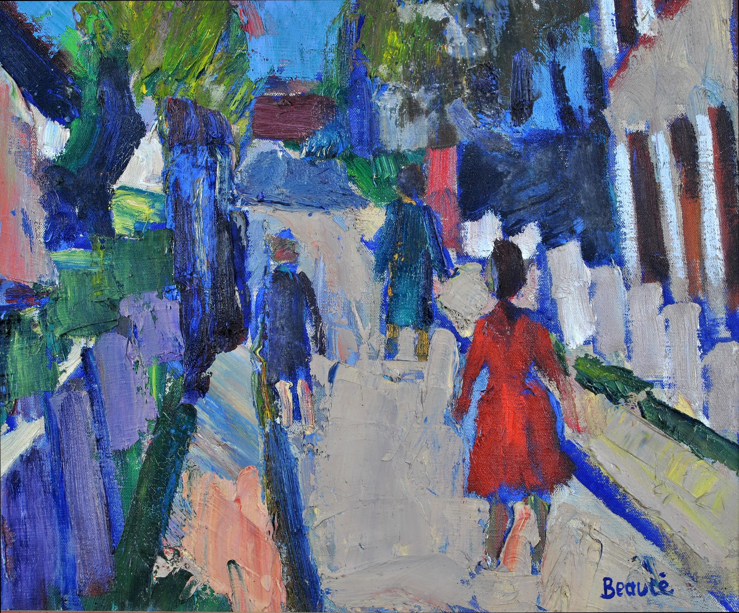 Magnifique grande huile sur toile expressionniste française des années 1950 représentant des habitants se promenant l'après-midi, par le peintre parisien André Beaucé. Travail d'excellente qualité et en très bon état. Signé en bas à