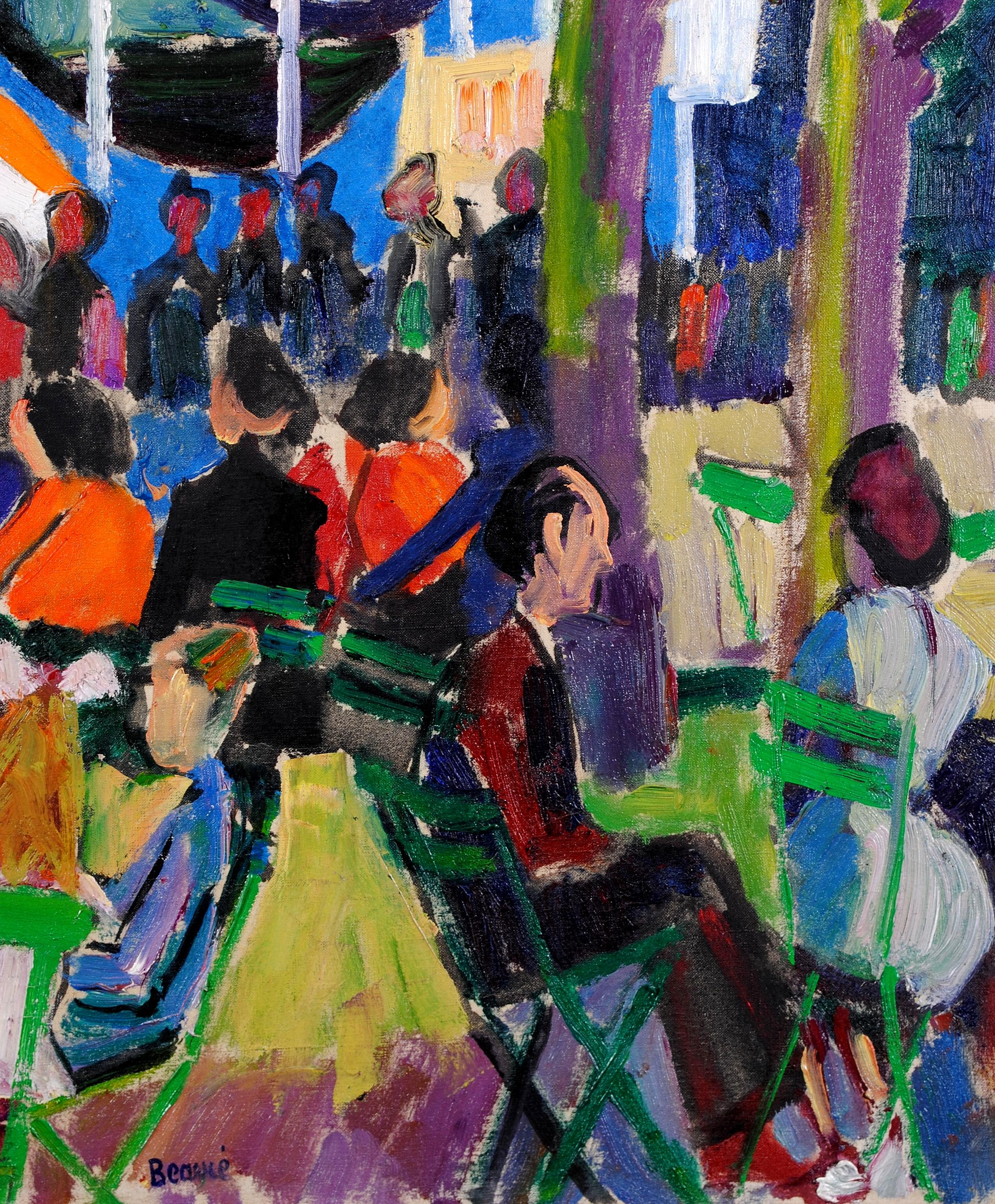 Ein wundervolles französisches expressionistisches Öl auf Leinwand aus den 1950er Jahren, das Figuren auf einem belebten Jahrmarkt darstellt, von dem Pariser Künstler André Beaucé. 

Ausgezeichnete Qualität der Arbeit mit dicken Impasto Pinsel