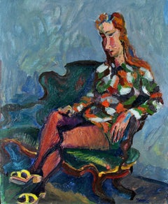 Portrait d'une femme - Peinture à l'huile expressionniste française du milieu du siècle dernier sur toile, années 1950