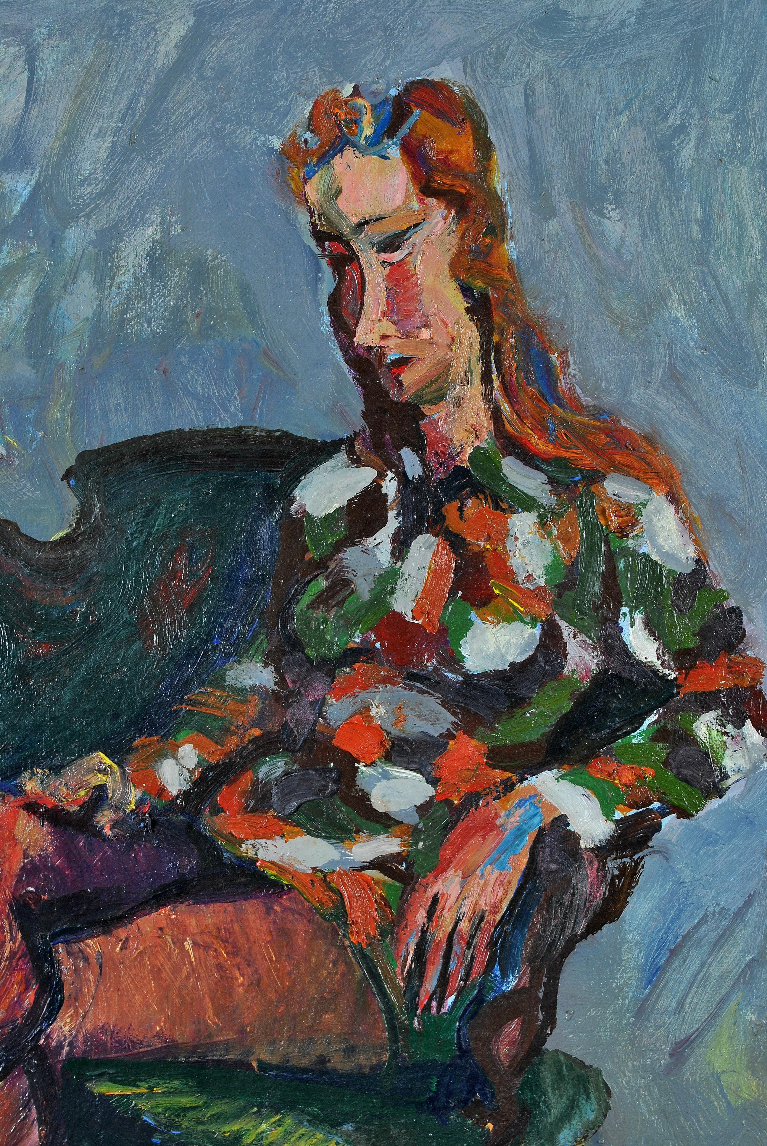 A wonderful 1950's French expressionist oil on canvas portrait of a lady sitting on a green sofa, by Paris painter André Beaucé. Excellent quality work in very good condition. Signed lower right.

Artist: André Beaucé (French, 1911-1974)
Title: