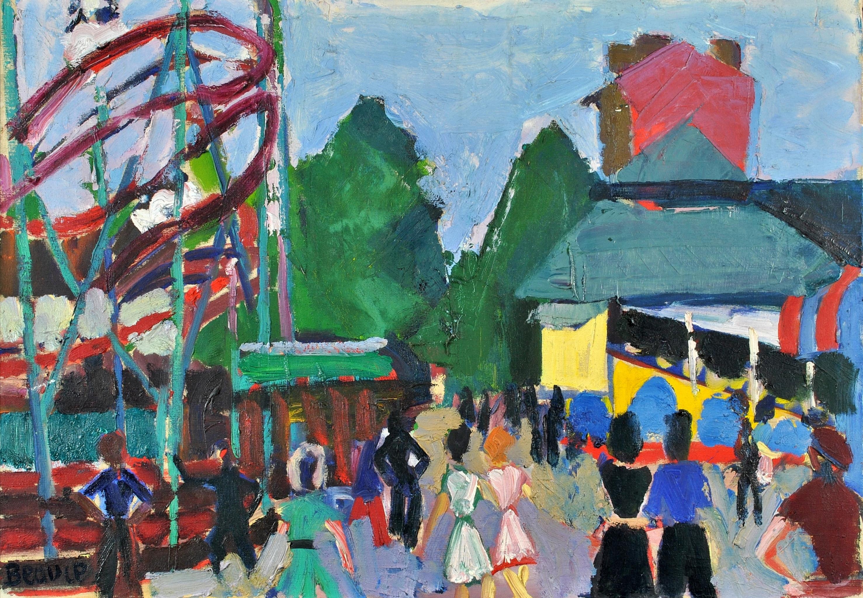 Landscape Painting André Beaucé - The Fairground - Peinture à l'huile expressionniste française du milieu du siècle dernier sur toile, années 1950