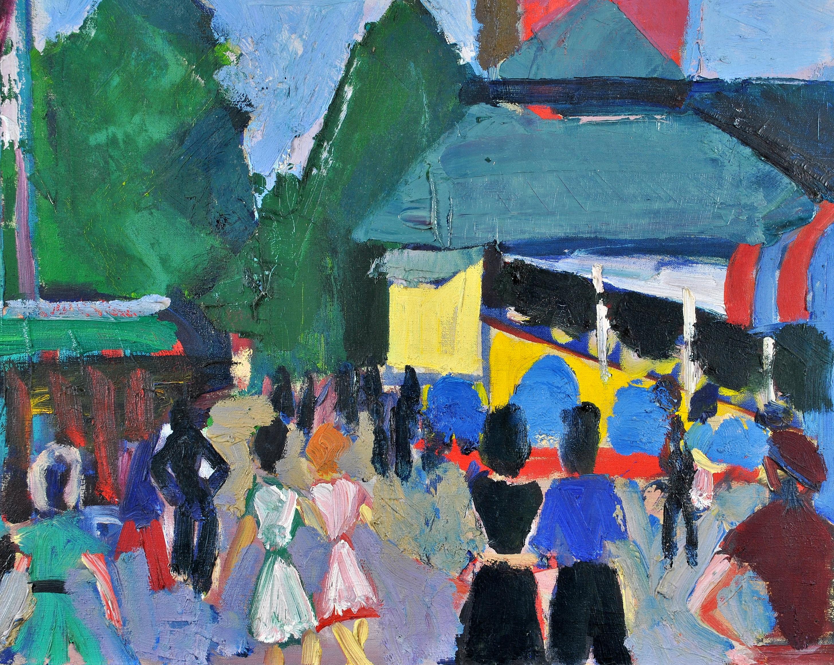Ein wunderschönes französisches expressionistisches Öl auf Leinwand aus den 1950er Jahren, das Figuren auf einem Jahrmarkt darstellt, von dem Pariser Künstler André Beaucé. 

Ausgezeichnete Qualität der Arbeit mit dicken Impasto Pinsel gemalt.