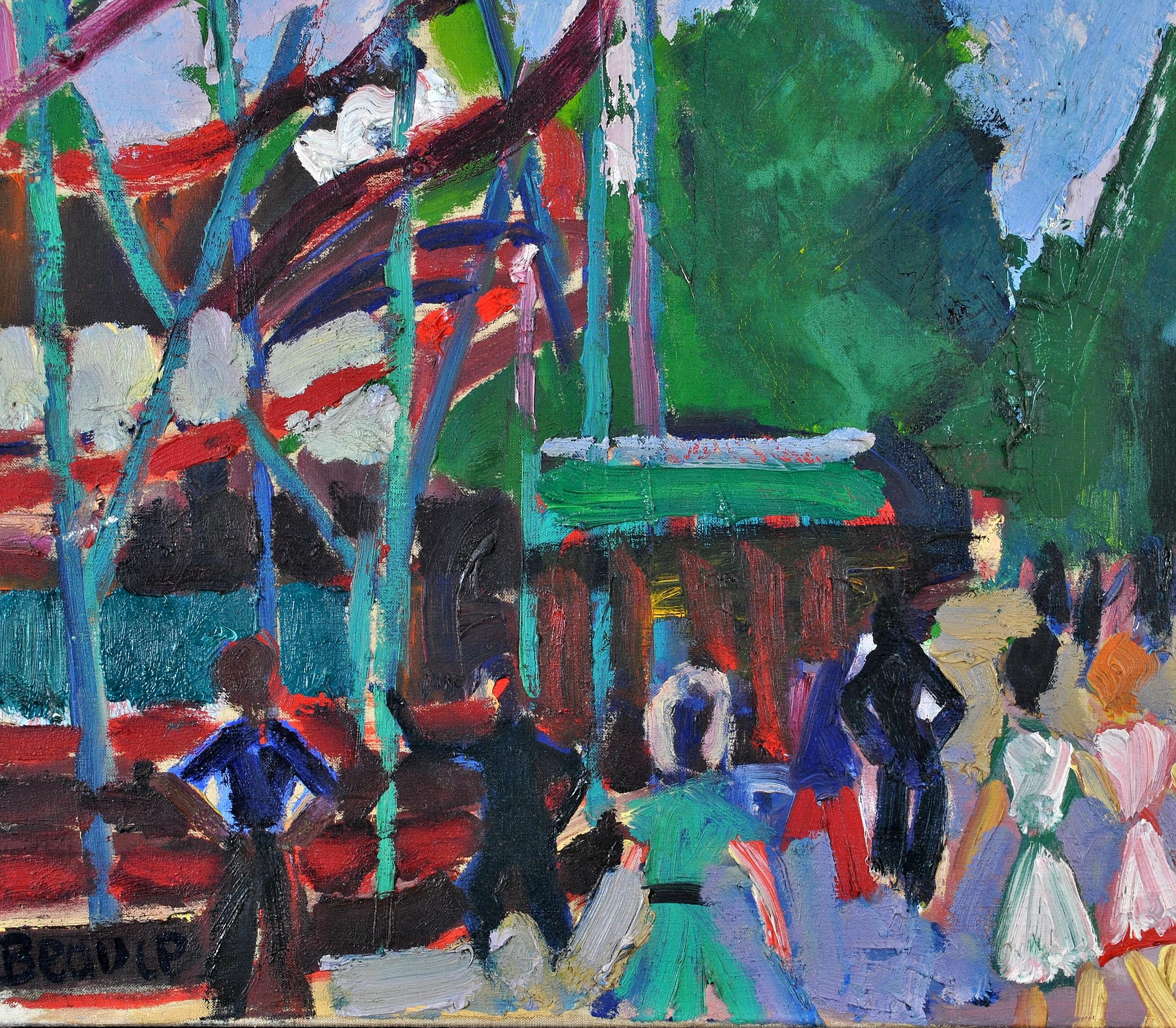 A wonderful 1950's French expressionist oil on canvas depicting figures at a fairground, by Parisian artist André Beaucé. 

Excellent quality work painted with thick impasto brush work. Signed lower left.

Artist: André Beaucé (French,