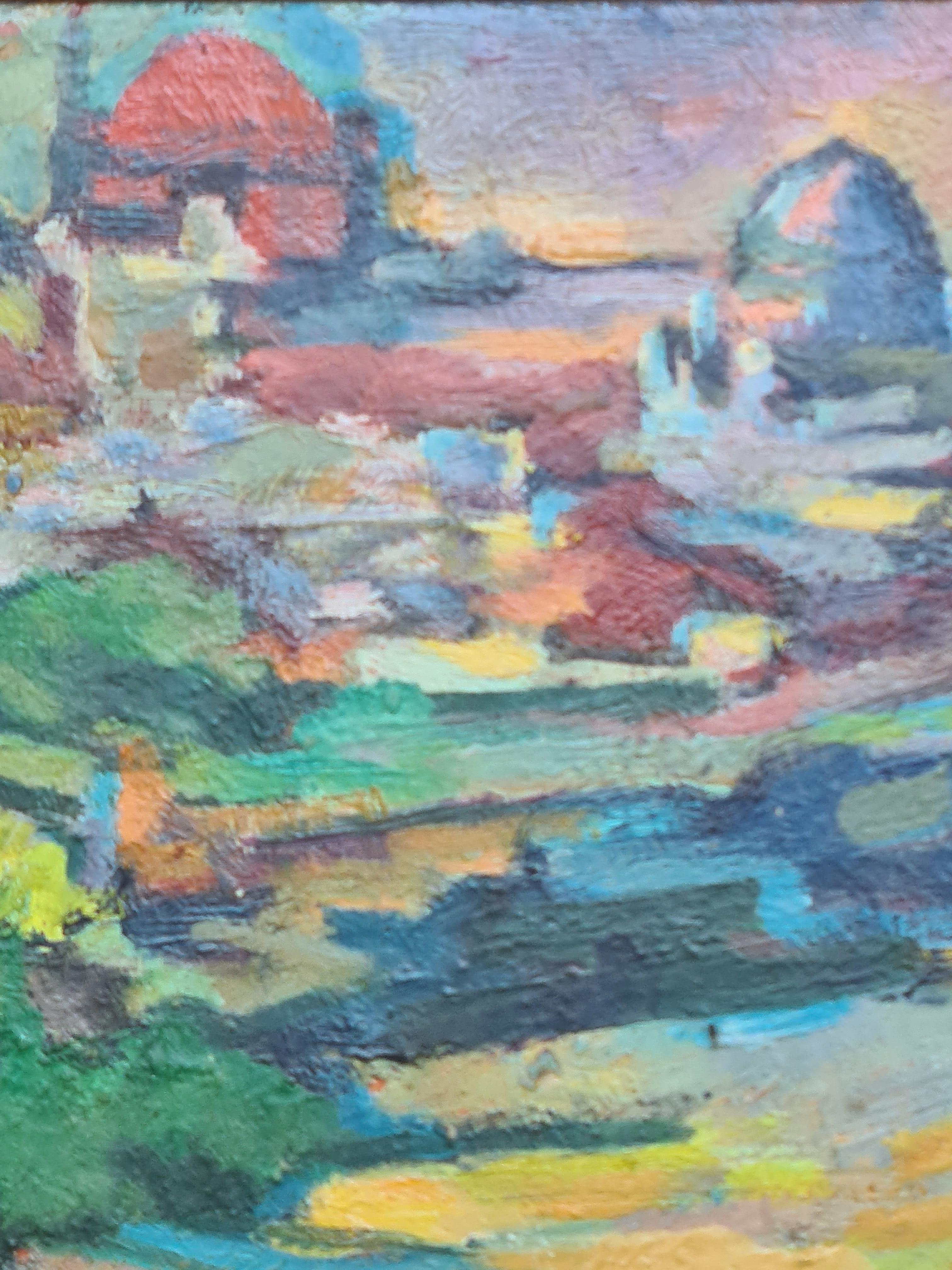 Algerische Landschaft in Öl auf Karton aus der Mitte des Jahrhunderts von dem französisch-algerischen Künstler André Boureau, einem Schüler von Othon Freize. Das Gemälde ist unten rechts signiert und wird in einem speziell patinierten Holzrahmen