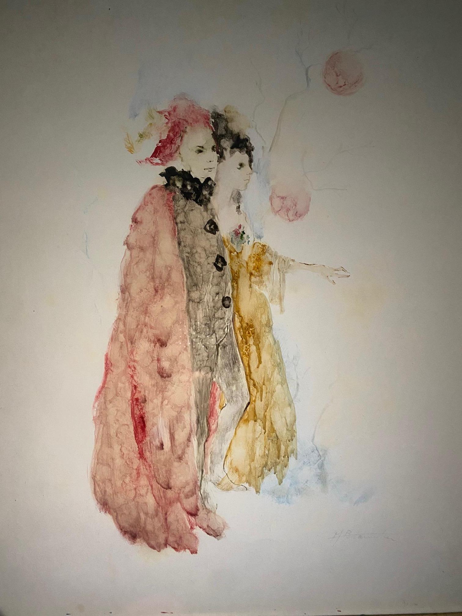 Les Pierrots di André Braunecker - Olio su carta 50x65 cm in vendita 1