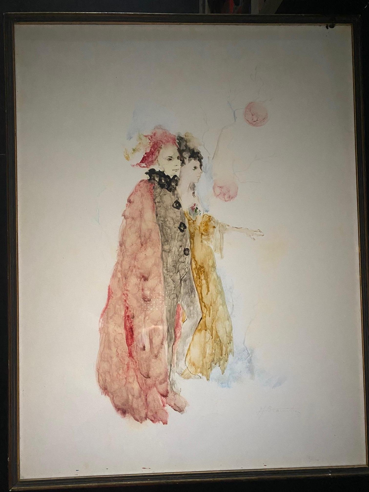 Les Pierrots by André Braunecker - Oil on paper 50x65 cm For Sale 1