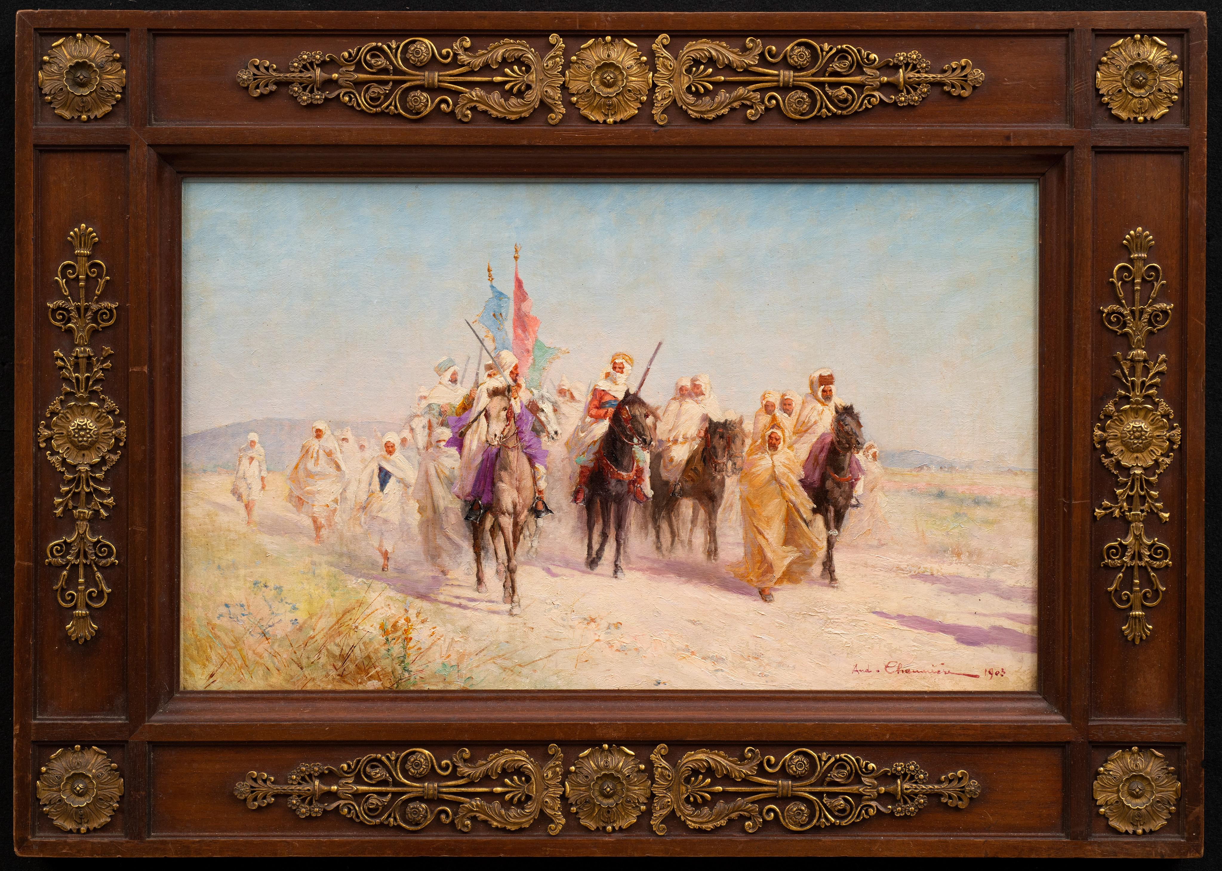 André Chaumière  Landscape Painting - Orientalist: "Arabian Horsemen" dated 1903 André Chaumière