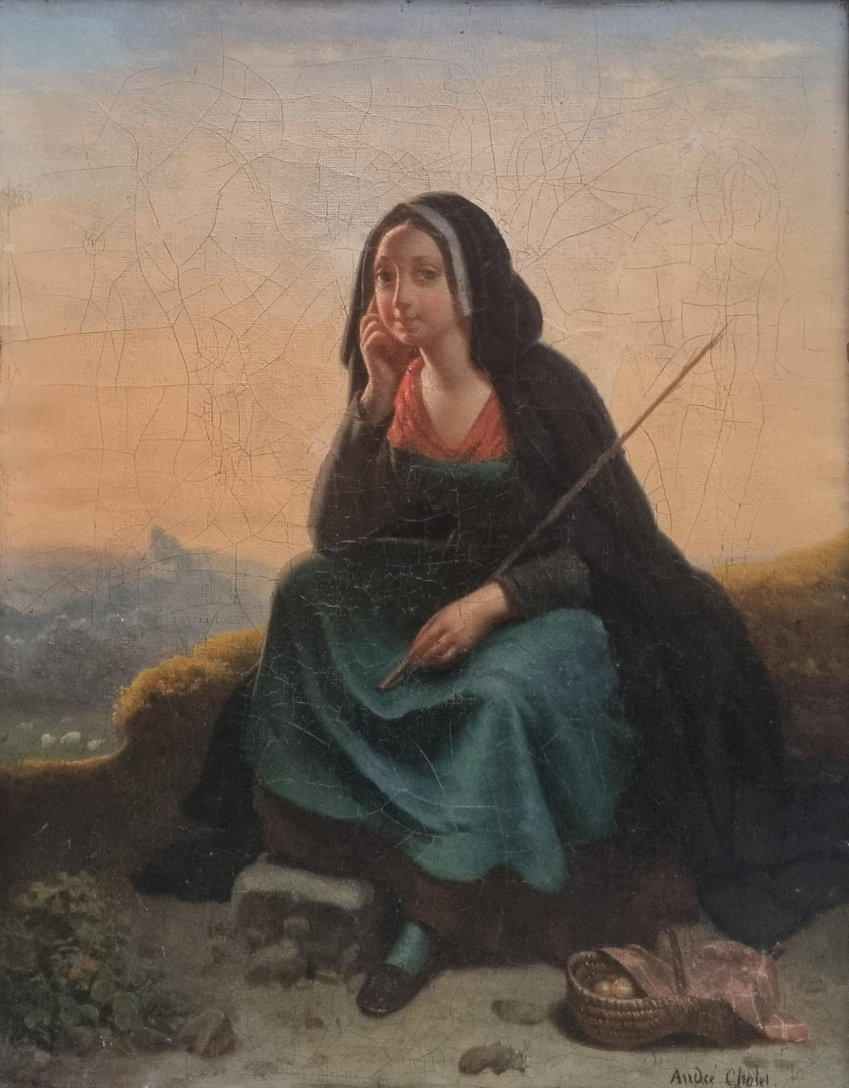 Figurative Painting André CHOLET - Tableau romantique français CHOLET Aquitaine Jeune fille Campagne Laitière 19ème