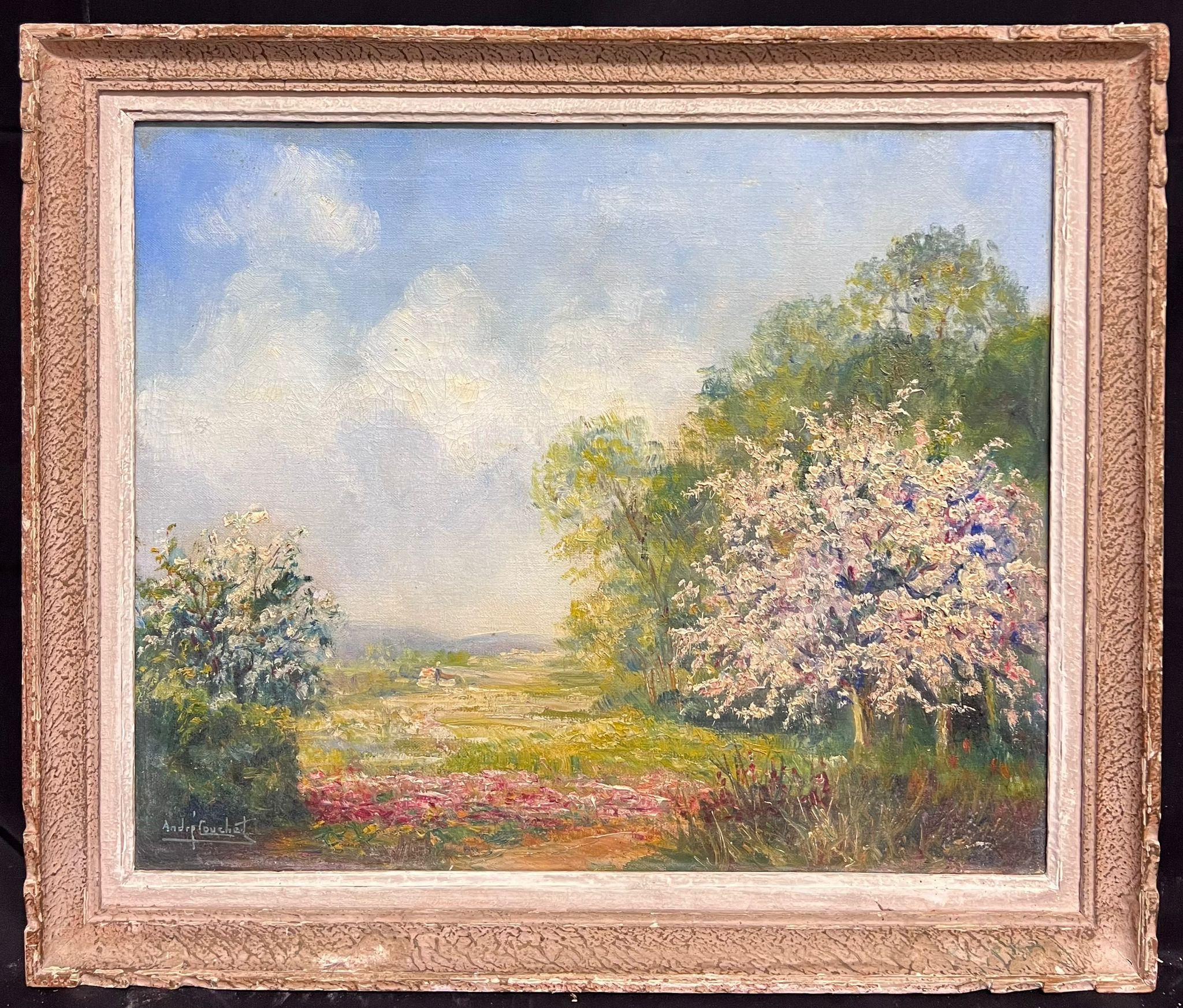 Spring Blossom
Signed by André Couchet (French mid 20th century)
Oil painting on canvas, framed
Framed: 18 x 21 inches
Condition: The painting is in lovely condition, with rich colors and well-preserved details. It is elegantly framed in a textured,
