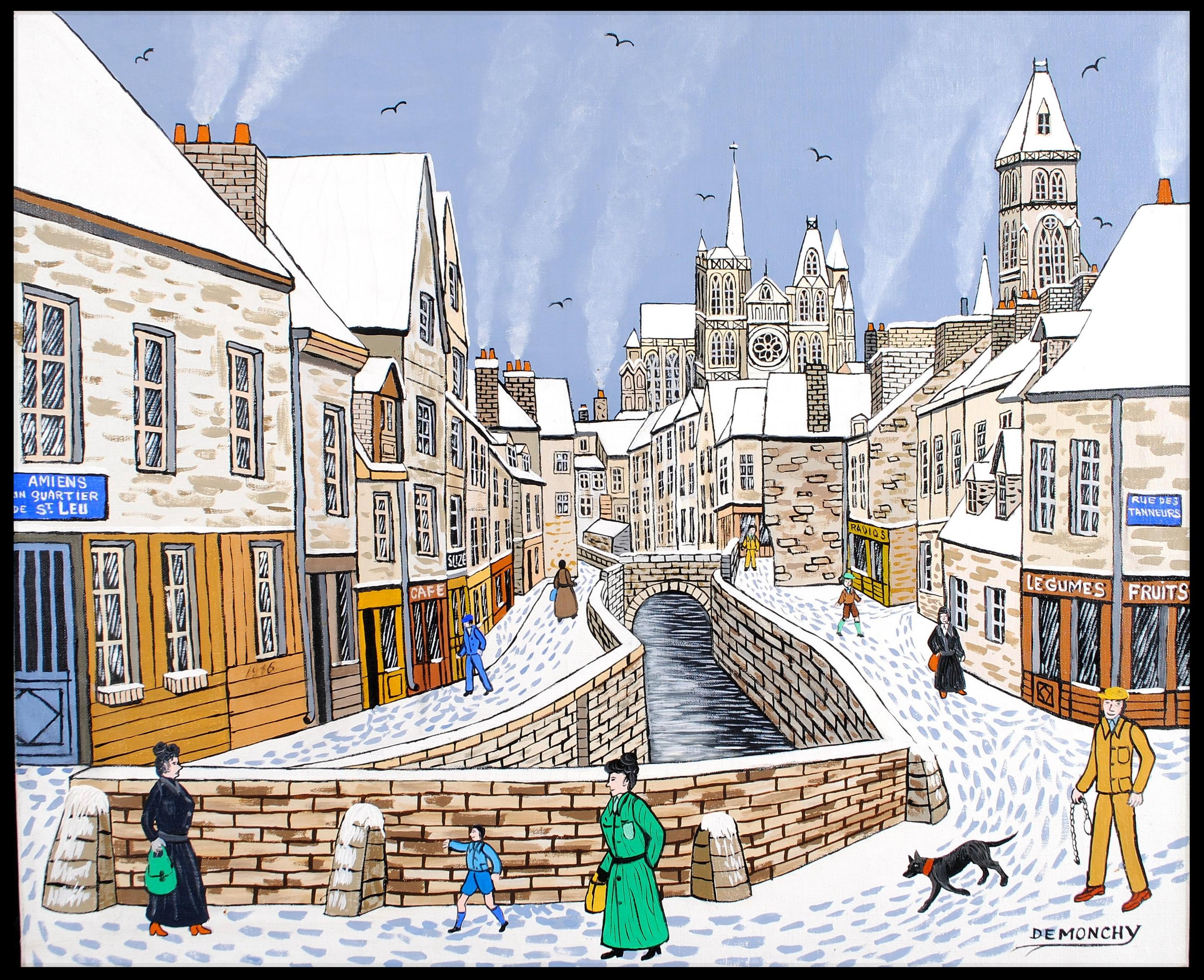 Amiens -  St. Leu French Naïf River City Winter Landscape France Oil Painting - Gray Landscape Painting by André Demonchy