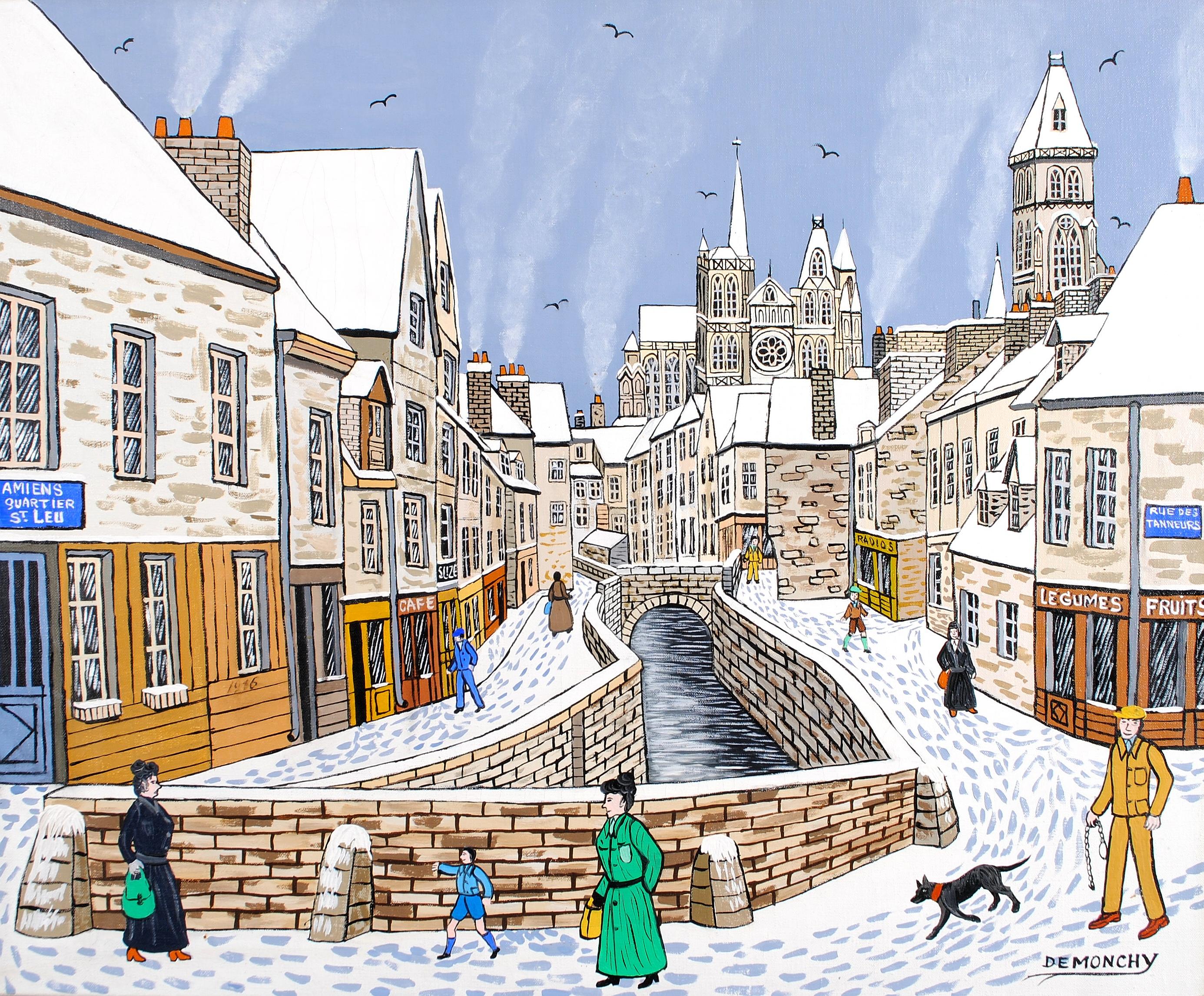 A beautiful 20th century French naïf oil on canvas depicting Old Amiens, Saint-Leu quarter in the snow, by André Demonchy. 

The artist is featured in Anatole Jakovsky's ''Peintres Naïfs'' which is known as the bible of 20th century French naïf