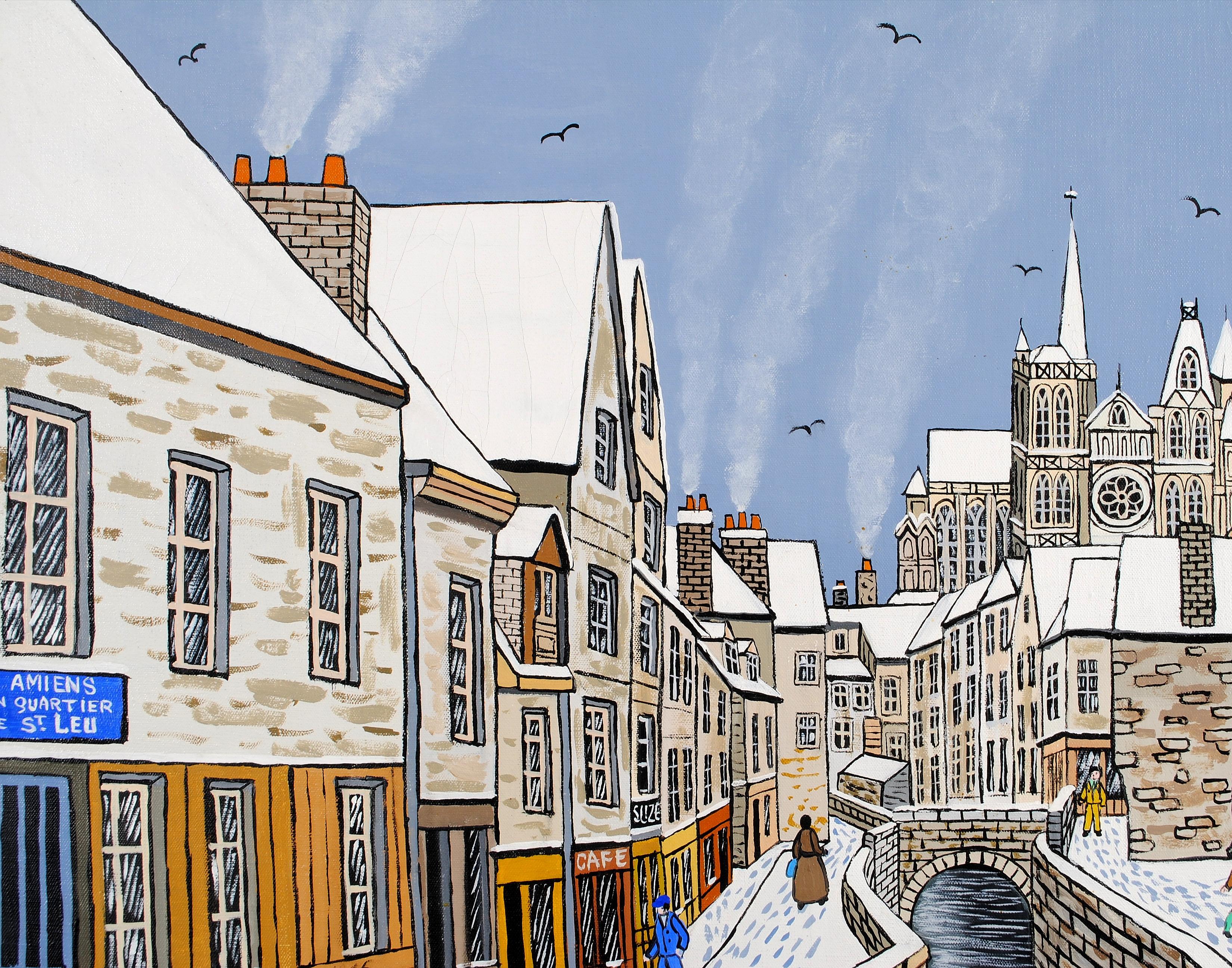 Amiens -  St. Leu French Naïf River City Winter Landscape France Oil Painting For Sale 4