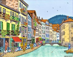 Annecy - Mod 20th Century French Naïf Oil on Canvas Landscape Oil Painting