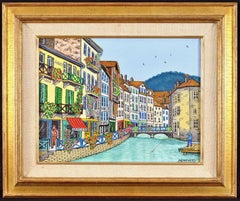 Annecy - Mod 20th Century French Naïf Oil on Canvas Landscape Oil Painting