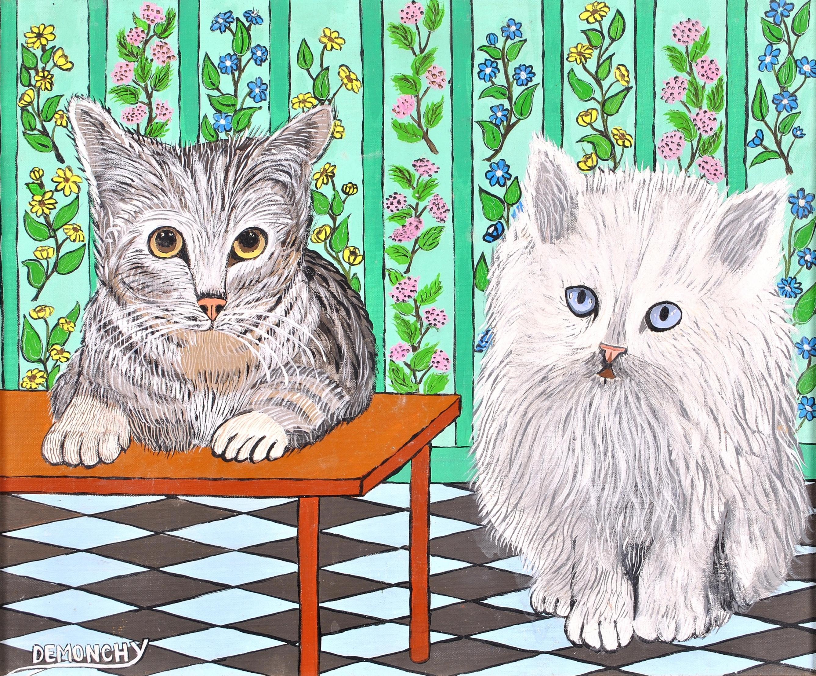 Cats Waiting on a Snack - Mid 20th Century French Naïf Interior Animal Painting For Sale 1