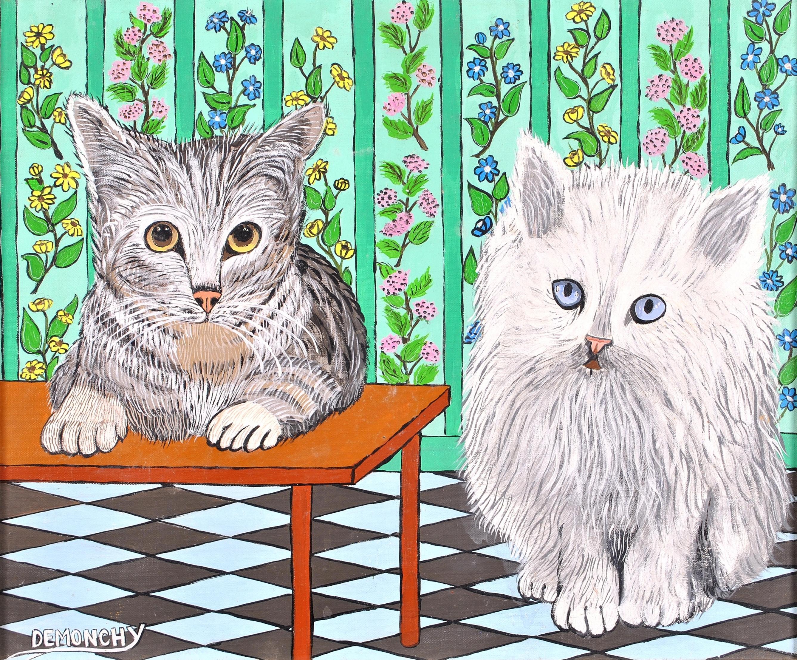 Katzen, die auf einen Snack warten - Französisches Naïf-Interieur-Tiergemälde aus der Mitte des 20. – Painting von André Demonchy