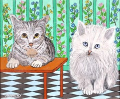 Cats Waiting on a Snack - Mid 20th Century French Naïf Interior Animal Painting